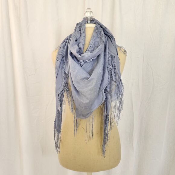Formal Shawl Fringe Gray Triangle Scarf Lace Evening Shoulder Wrap Romantic - Picture 6 of 7